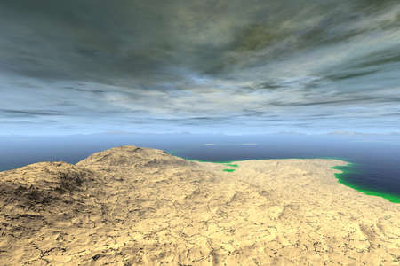 Fantasy alien planet. Mountain and lake. 3D illustrationの写真素材