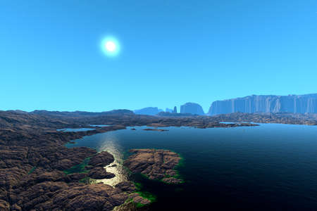 Fantasy alien planet. Mountain and lake. 3D illustrationの写真素材