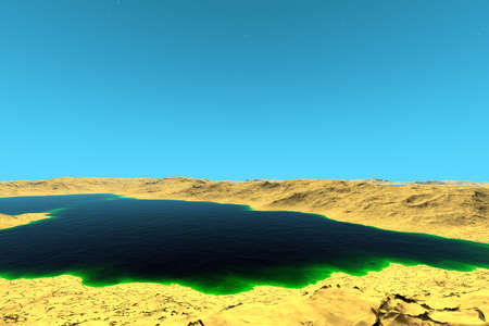 Fantasy alien planet. Mountain and lake. 3D illustrationの写真素材