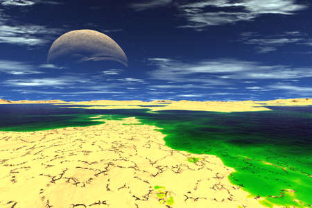 Fantasy alien planet. Mountain and lake. 3D illustrationの写真素材