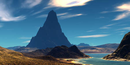Fantasy alien planet. Mountain and lake. 3D illustrationの写真素材