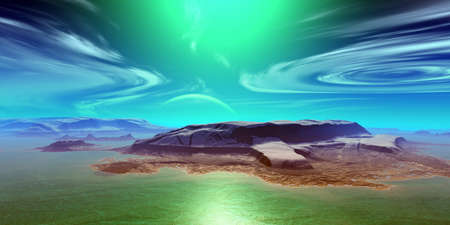 Fantasy alien planet. Mountain and lake. 3D illustrationの写真素材