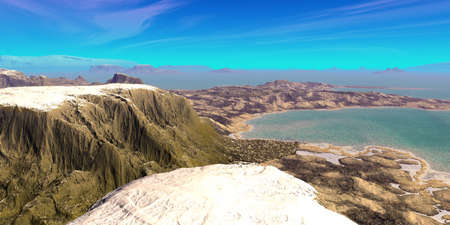 Fantasy alien planet. Mountain and lake. 3D illustrationの写真素材