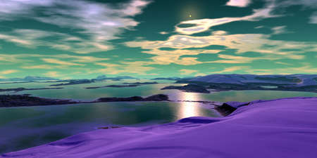 Fantasy alien planet. Mountain and lake. 3D illustrationの写真素材