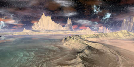 Fantasy alien planet. Mountain and lake. 3D illustrationの写真素材