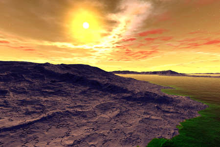 Fantasy alien planet. Mountain and lake. 3D illustrationの写真素材