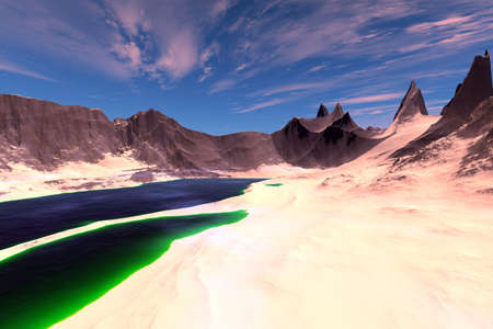 Fantasy alien planet. Mountain and lake. 3D illustrationの写真素材