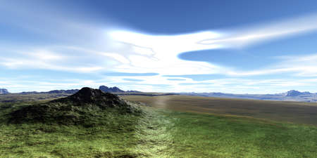 Fantasy alien planet. Mountain and lake. 3D illustrationの写真素材