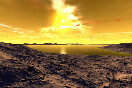 Fantasy alien planet. Mountain and lake. 3D illustrationの写真素材