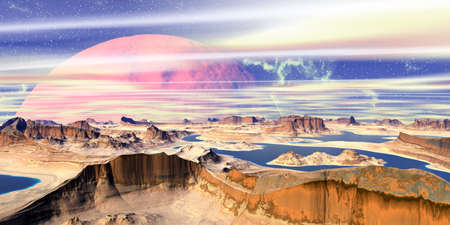 Fantasy alien planet. Mountain and lake. 3D illustration