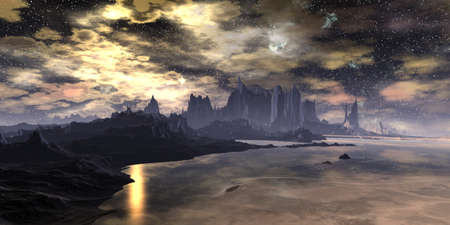 Fantasy alien planet. Mountain and lake. 3D illustrationの写真素材