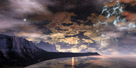 Fantasy alien planet. Mountain and lake. 3D illustrationの写真素材