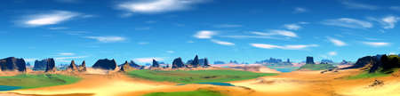 Fantasy alien planet. Mountain and lake. Panorama. 3D illustrationの写真素材