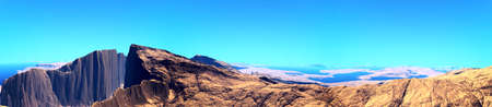 Fantasy alien planet. Mountain and lake. Panorama. 3D illustrationの写真素材
