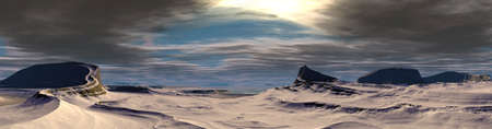 Fantasy alien planet. Mountain and lake. 3D illustrationの写真素材