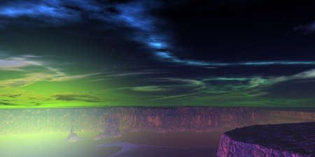 Fantasy alien planet. Mountain and lake. 3D illustrationの写真素材