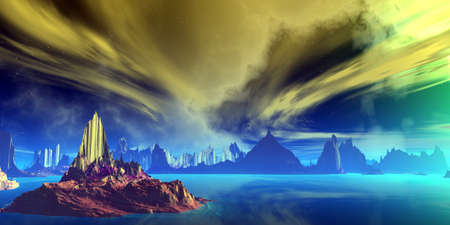 Fantasy alien planet. Mountain and lake. 3D illustrationの写真素材