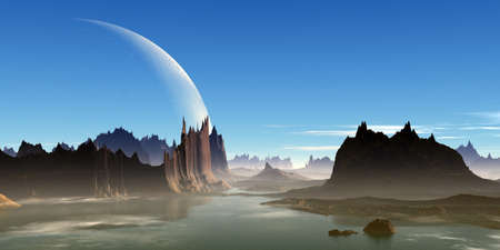 Fantasy alien planet. Mountain and lake. 3D illustrationの写真素材