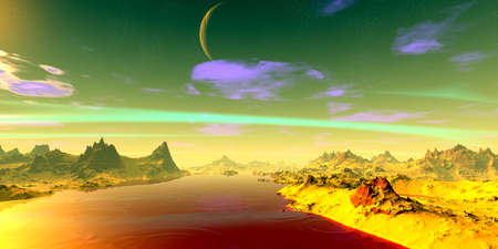 Fantasy alien planet. Mountain and lake. 3D illustrationの写真素材