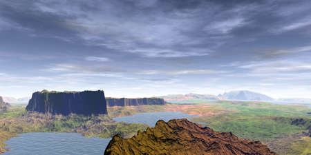 Fantasy alien planet. Mountain and lake. 3D illustrationの写真素材