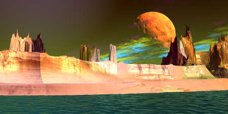 Fantasy alien planet. Mountain and lake. 3D illustrationの写真素材