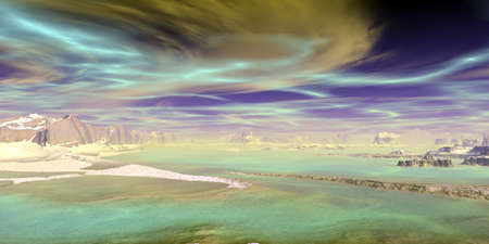 Fantasy alien planet. Mountain and lake. 3D illustrationの写真素材