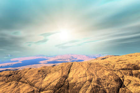 Fantasy alien planet. Mountain and lake. 3D illustrationの写真素材