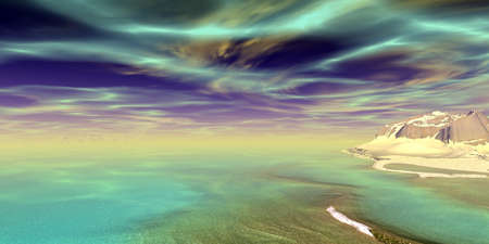 Fantasy alien planet. Mountain and lake. 3D illustrationの写真素材