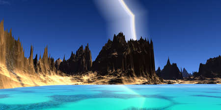 Fantasy alien planet. Mountain and lake. 3D illustrationの写真素材