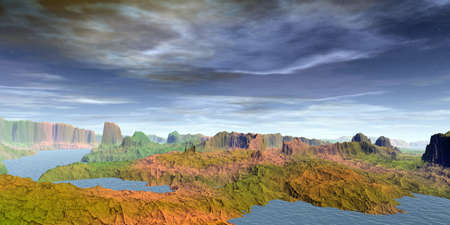Fantasy alien planet. Mountain and lake. 3D illustrationの写真素材