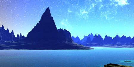 Fantasy alien planet. Mountain and lake. 3D illustrationの写真素材