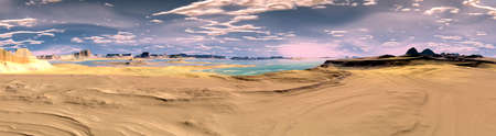 Fantasy alien planet. Mountain and lake. Panorama. 3D illustrationの写真素材