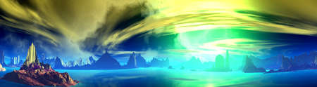 Fantasy alien planet. Mountain and lake. Panorama. 3D illustrationの写真素材