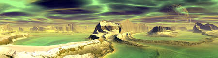 Fantasy alien planet. Mountain and lake. Panorama. 3D illustrationの写真素材