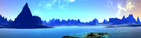 Fantasy alien planet. Mountain and lake. Panorama. 3D illustrationの写真素材