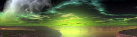 Fantasy alien planet. Mountain and lake. Panorama. 3D illustrationの写真素材