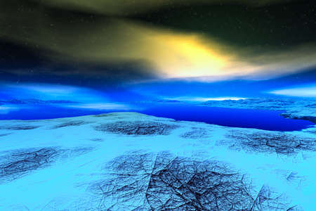 Fantasy alien planet. Mountain and lake. 3D illustrationの写真素材