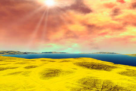 Fantasy alien planet. Mountain and lake. 3D illustrationの写真素材