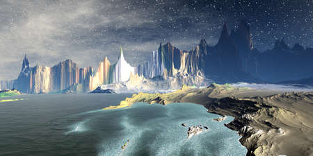 Fantasy alien planet. Mountain and lake. 3D illustrationの写真素材