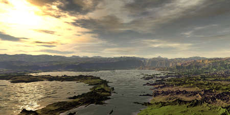 Fantasy alien planet. Mountain and lake. 3D illustrationの写真素材