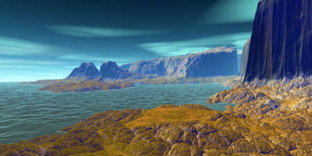 Fantasy alien planet. Mountain and lake. 3D illustrationの写真素材