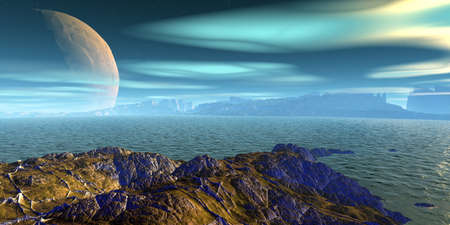 Fantasy alien planet. Mountain and lake. 3D illustrationの写真素材