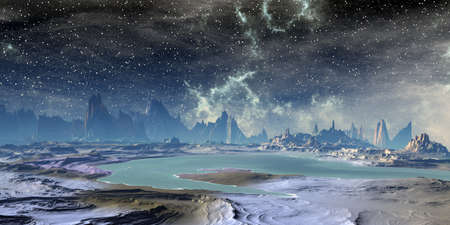 Fantasy alien planet. Mountain and lake. 3D illustrationの写真素材