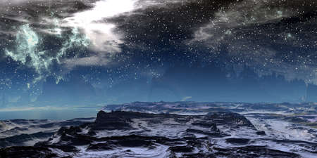 Fantasy alien planet. Mountain and lake. 3D illustrationの写真素材
