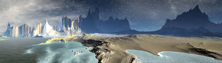 Fantasy alien planet. Mountain and lake. Panorama. 3D illustrationの写真素材