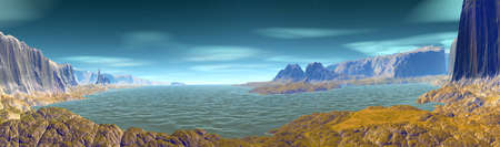 Fantasy alien planet. Mountain and lake. Panorama. 3D illustrationの写真素材