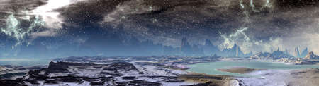 Fantasy alien planet. Mountain and lake. Panorama. 3D illustrationの写真素材