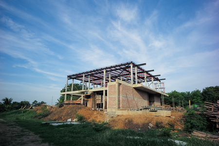 Landscape of house under construction with clear skyの写真素材