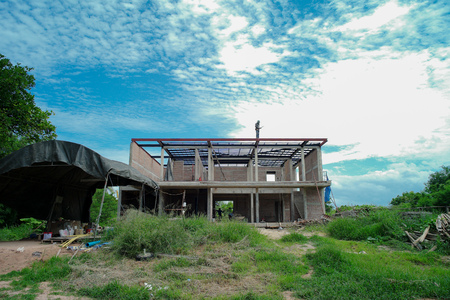 Landscape of house under construction with clear skyのeditorial素材