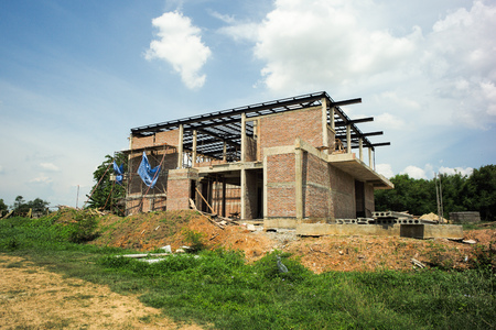 Landscape of house under construction with clear skyの写真素材
